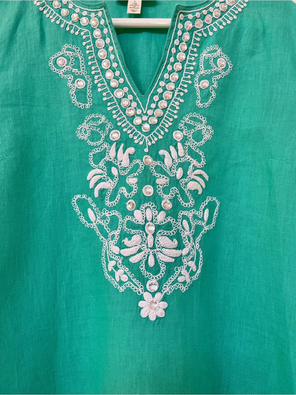 100% Luxury Linen by Charter Club ~ Embroidered Tunic - Aqua ~ Size: Large - Picture 4 of 7
